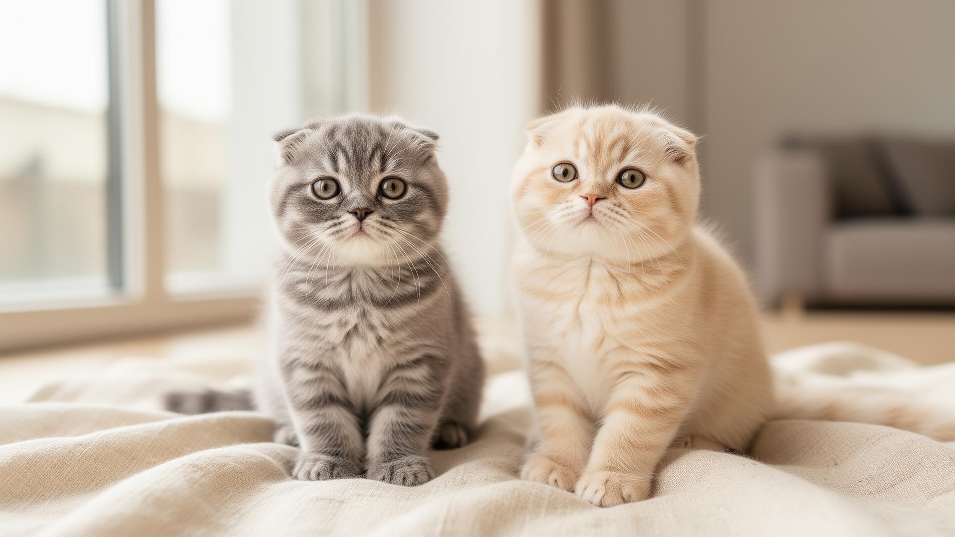 Two Scottish Fold kittens, silver and cream, sitting on a linen blanket in a bright modern home